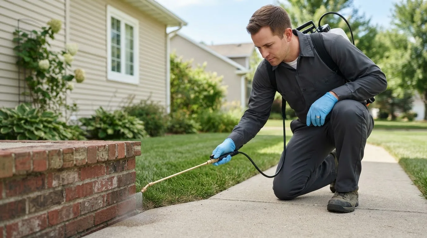 Pest control technician treating a home near Jamestown, PA