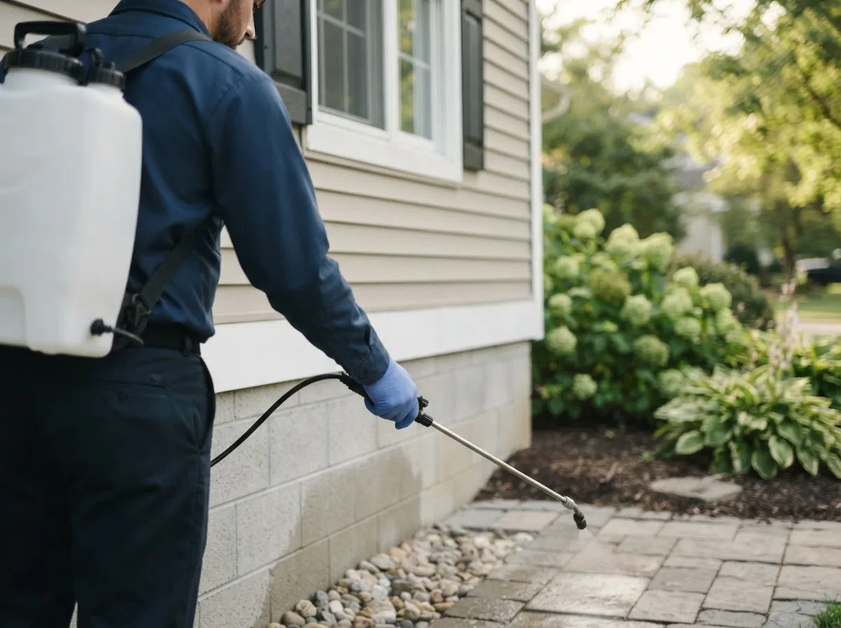Pest control technician inspecting a home in Jamestown, PA